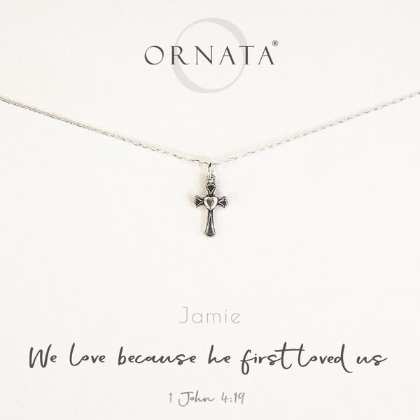 "1 John 4:19” Sterling Silver Cross and Heart Necklace on Personalized Jewelry Card