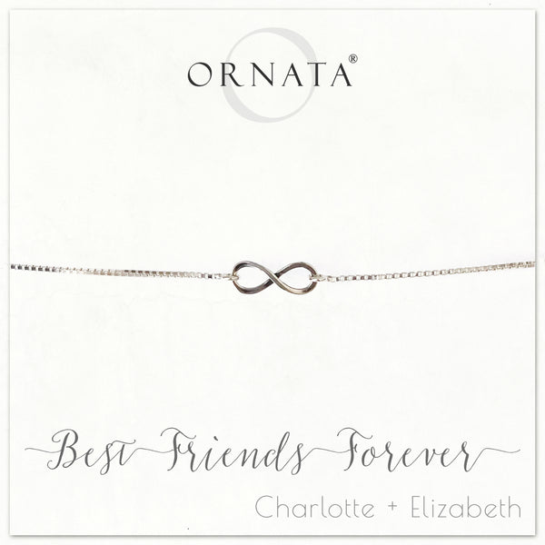"Best Friends Forever" INFINITY STERLING SILVER BOLO BRACELET ON PERSONALIZED JEWELRY CARD