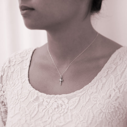 "1 John 4:19” Sterling Silver Cross and Heart Necklace on Personalized Jewelry Card