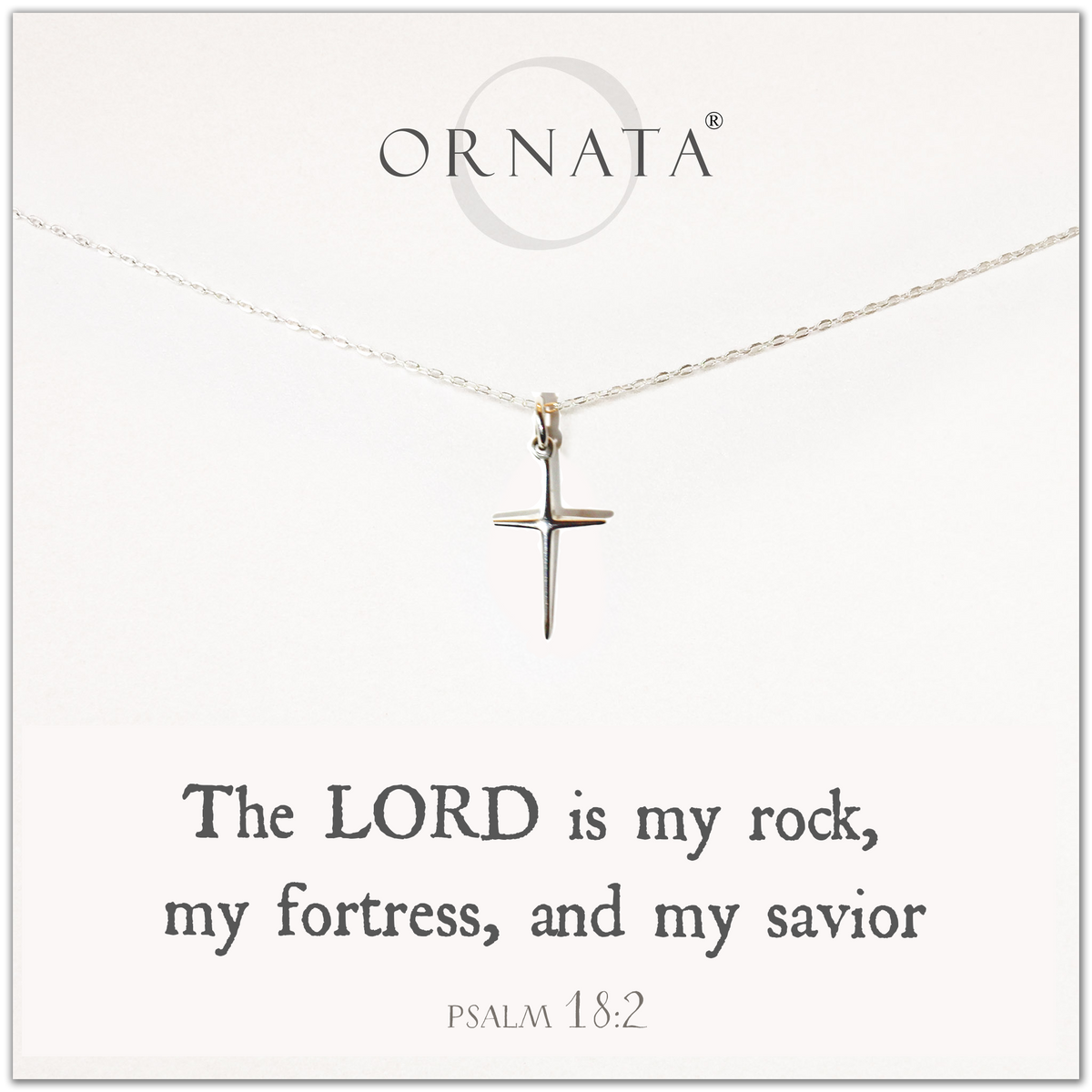 "PSALM 18:2” STERLING SILVER CROSS NECKLACE ON JEWELRY CARD