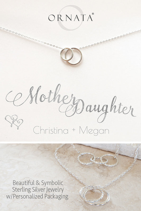 Custom Mother Daughter Necklace - personalized jewelry is sterling silver and the custom necklaces are perfect gifts for a mother, grandmother, wife, or daughter. Also good Mother’s Day gift or Mother’s Day jewelry for moms of daughters.