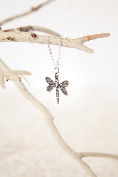 “Wisdom, Luck, & Victory” Dragonfly Sterling Silver and Silver Plated Necklace | Small