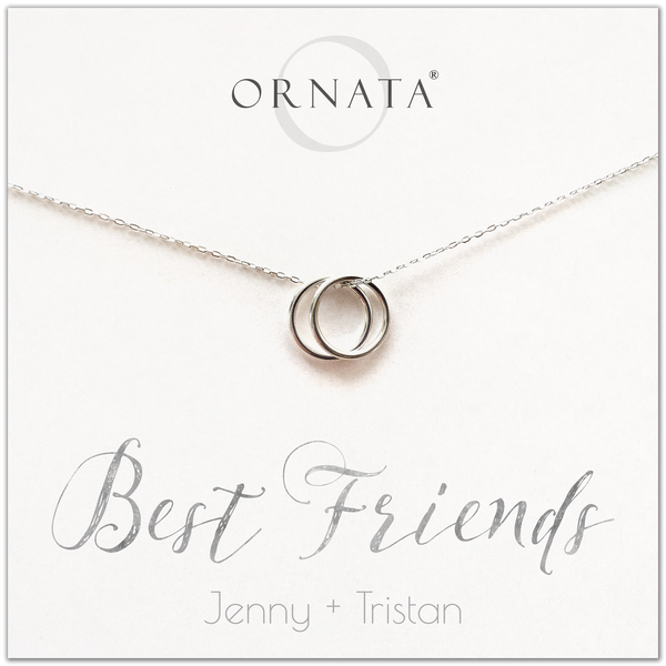 Personalized best friends necklace. Our sterling silver custom jewelry is a perfect gift for best friends, sisters, BFFs, and soul mates - symbolic necklace to represent two best friends with two silver interlocking rings. Good gift for best friend or sister.