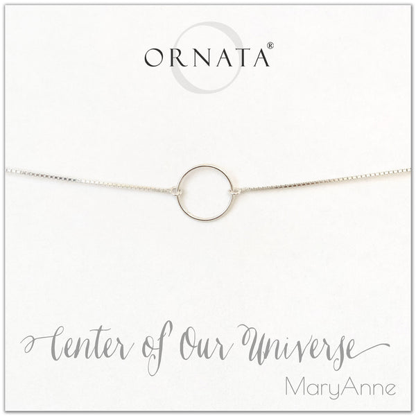 Center of Our Universe personalized sterling silver bolo bracelet. Our custom bracelets make good gifts for family, best friends, children, sisters, daughters, or mothers. Inspirational jewelry with inspirational quotes.