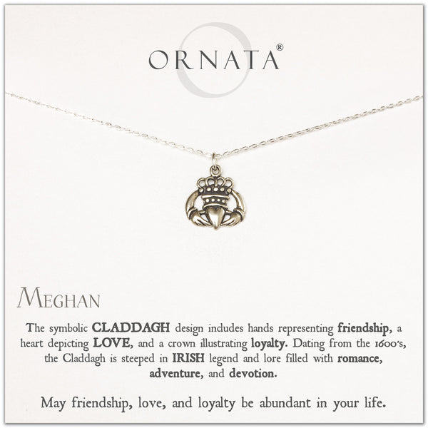 Claddagh necklace - personalized silver Irish claddagh necklace. Our sterling silver custom jewelry is a perfect gift to symbolize friendship, loyalty, and love with this traditional Irish jewelry. Two hands hold a heart to symbolize love.