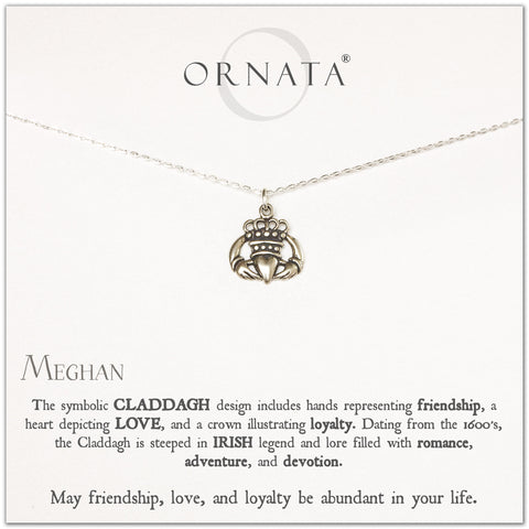 Claddagh necklace - personalized silver Irish claddagh necklace. Our sterling silver custom jewelry is a perfect gift to symbolize friendship, loyalty, and love with this traditional Irish jewelry. Two hands hold a heart to symbolize love. 