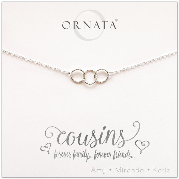 Cousins necklace - personalized silver necklaces. Our sterling silver custom jewelry is a perfect gift for cousins who are also best friends. Interlocking rings show the special bond between cousins.