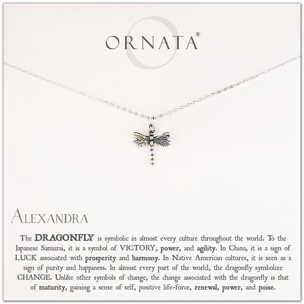 Personalized silver dragonfly necklace. Our sterling silver custom jewelry is a perfect gift for friends, sisters, mothers, or family members - symbolic necklace for luck, courage, wisdom, and victory.