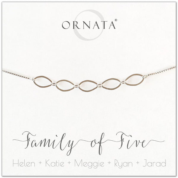 Family of five personalized sterling silver bolo bracelet. Our custom bracelets make good gifts for new families, mothers, and newlyweds. Great bridal shower gift, wedding gift, or baby shower gift. Also good mother’s day gift.