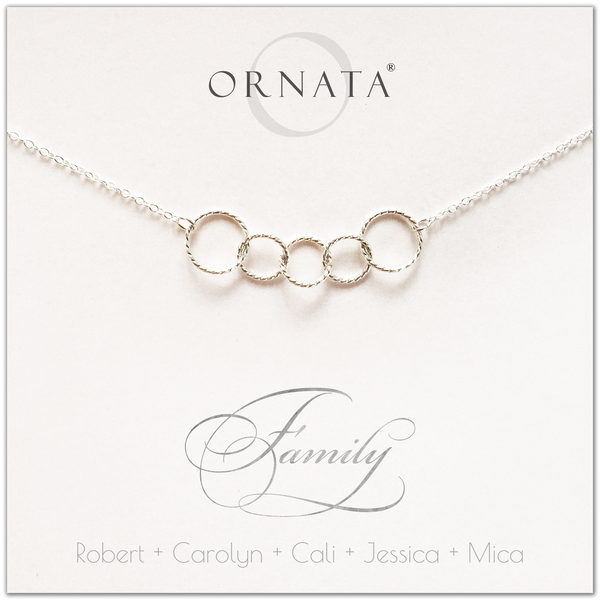 Family of Five Personalized silver necklaces for families of five. Our sterling silver custom family jewelry is a perfect gift for new families, newlyweds, parents, new parents, friends, sisters, mothers, and grandmothers. Family jewelry is also a good gift for Mother’s Day.