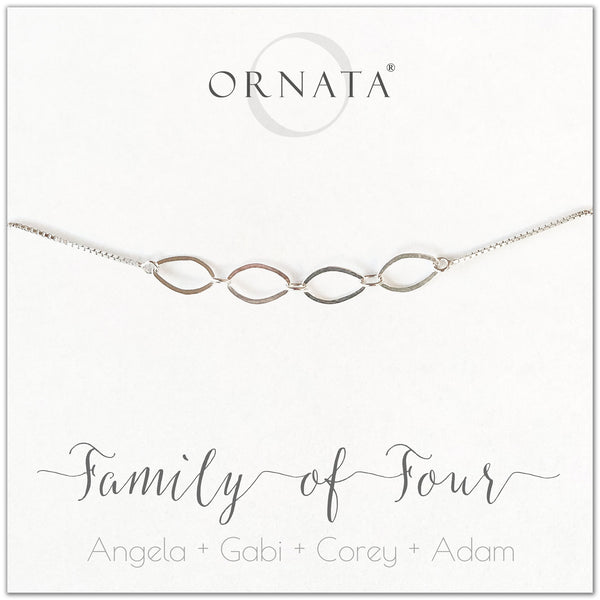 Family of four personalized sterling silver bolo bracelet. Our custom bracelets make good gifts for new families, mothers, and newlyweds. Great bridal shower gift, wedding gift, or baby shower gift. Also good mother’s day gift.