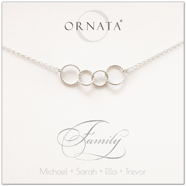 Family of Four Personalized silver necklaces for families of four. Our sterling silver custom family jewelry is a perfect gift for new families, newlyweds, parents, new parents, friends, sisters, mothers, and grandmothers. Family jewelry is also a good gift for Mother’s Day.