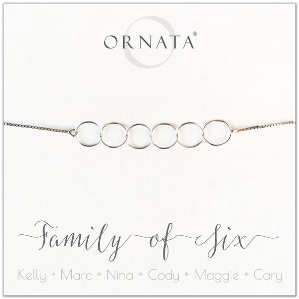 Family of six personalized sterling silver bolo bracelet. Our custom bracelets make good gifts for new families, mothers, and newlyweds. Great bridal shower gift, wedding gift, or baby shower gift. Also good mother’s day gift.