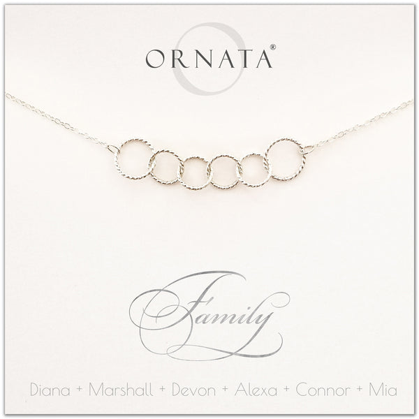 Family of Six Personalized silver necklaces for families of six. Our sterling silver custom family jewelry is a perfect gift for new families, newlyweds, parents, new parents, friends, sisters, mothers, and grandmothers. Family jewelry is also a good gift for Mother’s Day.
