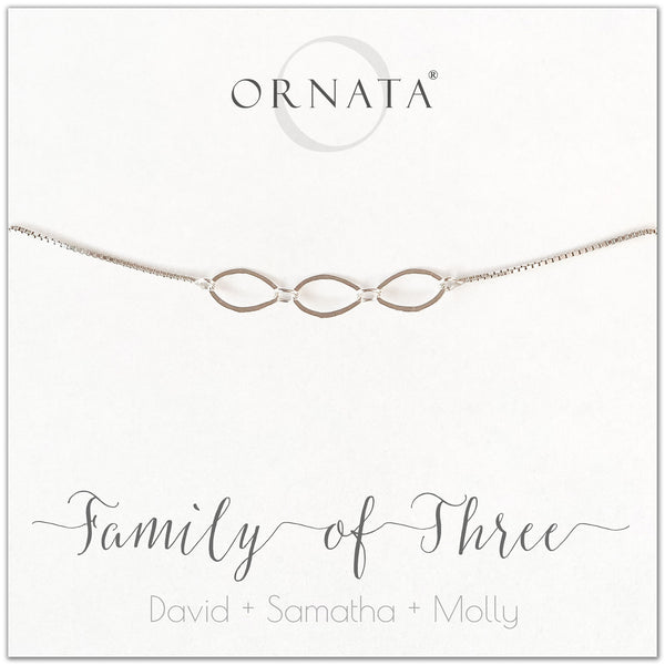 Family of three personalized sterling silver bolo bracelet. Our custom bracelets make good gifts for new families, mothers, and newlyweds. Great bridal shower gift, wedding gift, or baby shower gift. Also good mother’s day gift.
