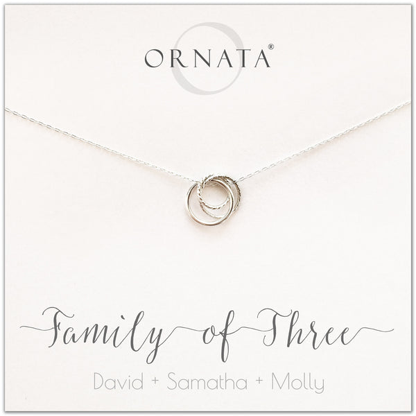 Family of Three Personalized silver necklaces for families of three. Our sterling silver custom family jewelry is a perfect gift for new families, newlyweds, parents, new parents, friends, sisters, mothers, and grandmothers. Family jewelry is also a good gift for Mother’s Day.