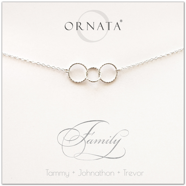 Family of Three Personalized silver necklaces for families of three. Our sterling silver custom family jewelry is a perfect gift for new families, newlyweds, parents, new parents, friends, sisters, mothers, and grandmothers. Family jewelry is also a good gift for Mother’s Day. 