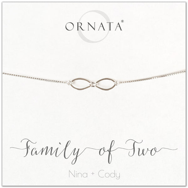 Family of two personalized sterling silver bolo bracelet. Our custom bracelets make good gifts for new families, mothers, and newlyweds. Great bridal shower gift, wedding gift, or baby shower gift.