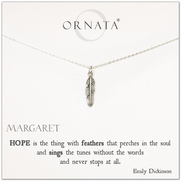 Emily Dickinson Hope Quote necklace - personalized silver feather necklace. Our sterling silver custom jewelry is a perfect gift to symbolize hope with an inspirational quote and feather charm.