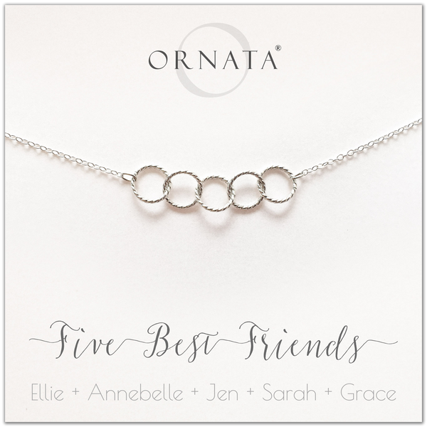 Personalized silver necklaces for five best friends. Our sterling silver custom jewelry is a perfect gift for a sister or best friend. Friendship necklaces for 5 best friends. Represents 5 best friends with sterling silver interlocking rings. 