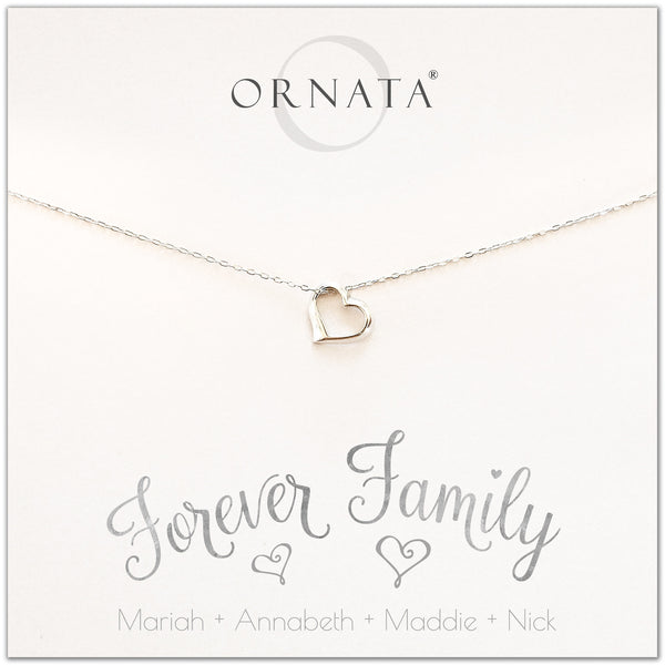 Forever family necklace - personalized silver heart necklace. Our sterling silver custom jewelry is a perfect gift for wives, mothers, nieces, daughters, best friends, sisters, moms, or family members - symbolic heart necklace to show your love for your family - personalize with the names of your family members.  Also a great gift for Mother’s Day.