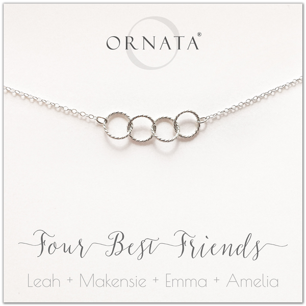 Personalized silver necklaces for four best friends. Our sterling silver custom jewelry is a perfect gift for a sister or best friend. Friendship necklaces for 4 best friends. Represents 4 best friends with sterling silver interlocking rings. 