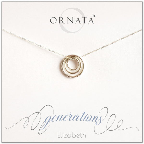 Generations Jewelry - personalized silver necklaces. Our sterling silver custom jewelry is a perfect gift for mothers, daughters, granddaughters, grandmothers, grandmas, sisters, or family members. Three rings represent three generations. Perfect gift for Mother’s Day or Mother’s Day Jewelry. 