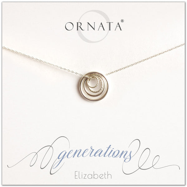 Generations Jewelry - personalized silver necklaces. Our sterling silver custom jewelry is a perfect gift for mothers, daughters, granddaughters, grandmothers, grandmas, sisters, or family members. Four rings represent three generations. Perfect gift for Mother’s Day or Mother’s Day Jewelry.