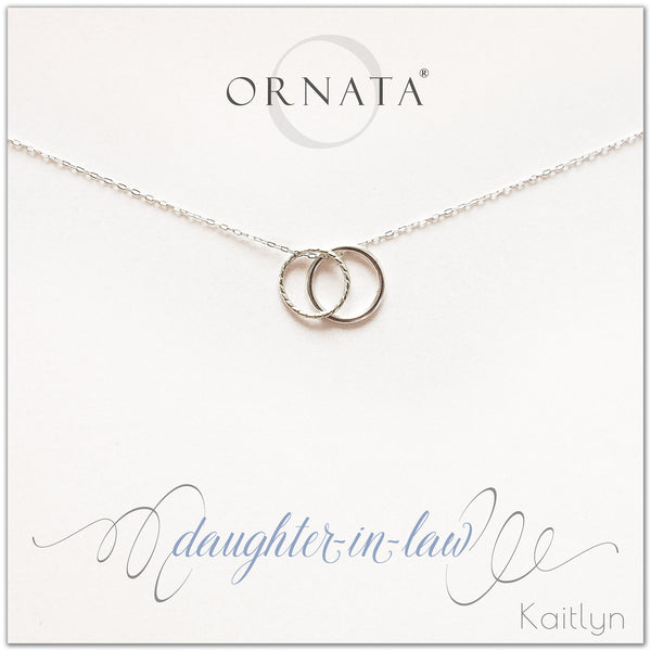 Daughter in law necklace - personalized silver necklaces. Our sterling silver custom jewelry is a perfect gift for daughters in law from mothers in law or fathers in law. Also a good gift for Mother’s Day. Part of our Generations Jewelry collection.