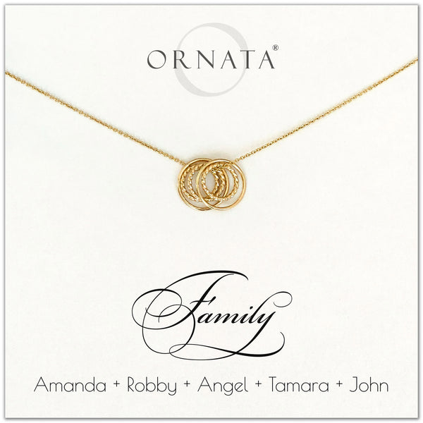 Family of Five Personalized gold necklaces for families of 5. Our 14 karat gold filled custom jewelry is a perfect gift for new families, newlyweds, parents, new parents, friends, sisters, mothers, and grandmothers. Family jewelry is also a good gift for Mother’s Day.