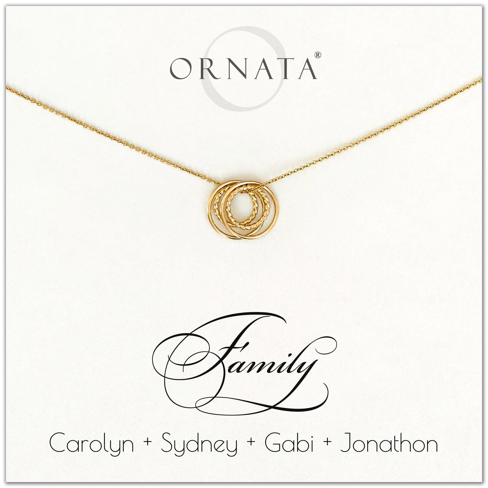 Family of Four Personalized gold necklaces for families of 4. Our 14 karat gold filled custom jewelry is a perfect gift for new families, newlyweds, parents, new parents, friends, sisters, mothers, and grandmothers. Family jewelry is also a good gift for Mother’s Day. 