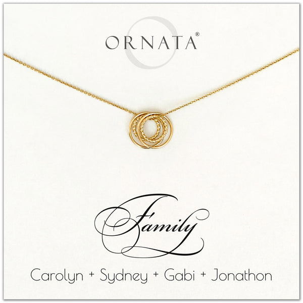 Family of Four Personalized gold necklaces for families of 4. Our 14 karat gold filled custom jewelry is a perfect gift for new families, newlyweds, parents, new parents, friends, sisters, mothers, and grandmothers. Family jewelry is also a good gift for Mother’s Day.