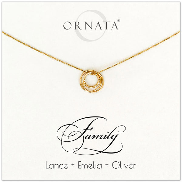 Family of Three Personalized gold necklaces for families of three. Our 14 karat gold filled custom jewelry is a perfect gift for new families, newlyweds, parents, new parents, friends, sisters, mothers, and grandmothers. Family jewelry is also a good gift for Mother’s Day.