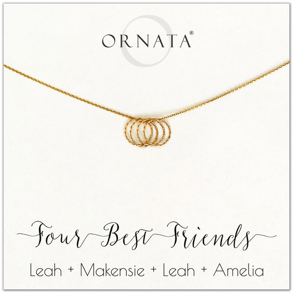 Personalized gold necklaces for four best friends. Our 14 karat gold filled custom jewelry is a perfect gift for a sister or best friend.
