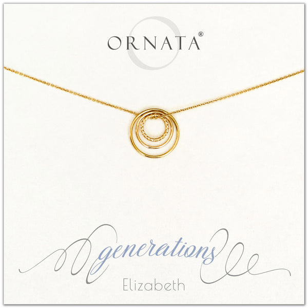 Three Generations Jewelry - personalized gold necklaces. Our 14 karat gold filled custom jewelry is a perfect gift for mothers, daughters, granddaughters, grandmothers, grandmas, sisters, or family members. Three rings represent three generations. Perfect gift for Mother’s Day or Mother’s Day Jewelry.