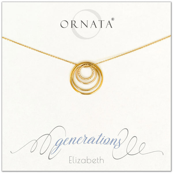 Four Generations Jewelry - personalized gold necklaces. Our 14 karat gold filled custom jewelry is a perfect gift for great grandmothers, great grandmas, mothers, daughters, granddaughters, grandmothers, grandmas, sisters, or family members. Three rings represent three generations. Perfect gift for Mother’s Day or Mother’s Day Jewelry.