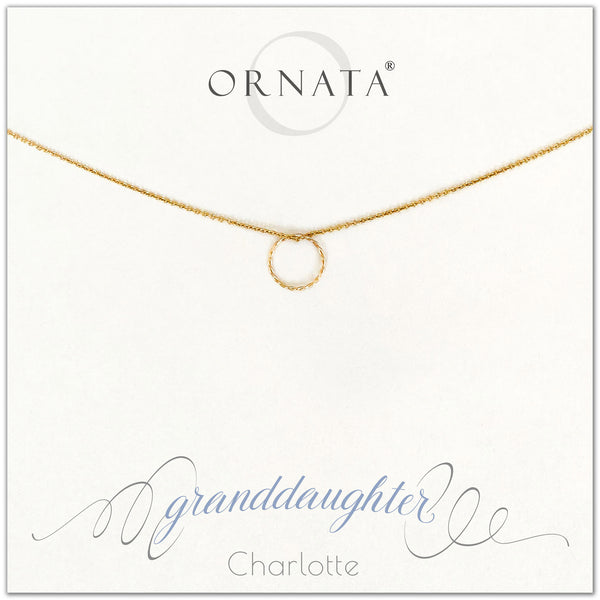 Granddaughter necklace - personalized gold necklaces. Our 14 karat gold filled custom jewelry is a perfect gift for grandmas to give their granddaughters. Part of our Generations Jewelry collection. Also a good gift for Mother’s Day or gift from grandma.