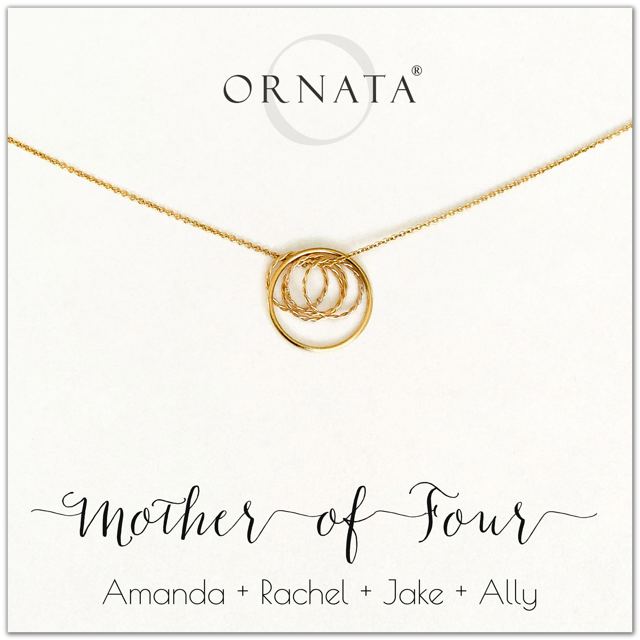 Mom or Mother of Four - personalized gold necklaces. Our 14 karat gold filled custom jewelry is a perfect gift for mothers of four children, daughters, granddaughters, grandmothers, sisters, best friends, wives, girlfriends, and family members. Also a good gift for Mother’s Day. 
