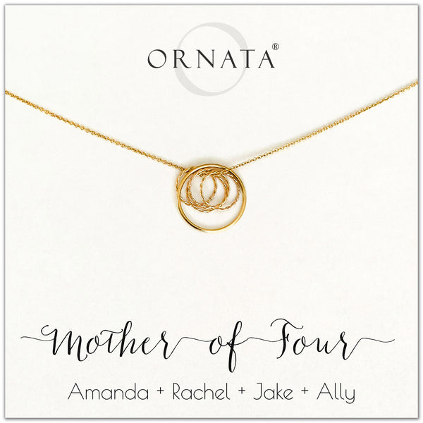 Mom or Mother of Four - personalized gold necklaces. Our 14 karat gold filled custom jewelry is a perfect gift for mothers of four children, daughters, granddaughters, grandmothers, sisters, best friends, wives, girlfriends, and family members. Also a good gift for Mother’s Day. 