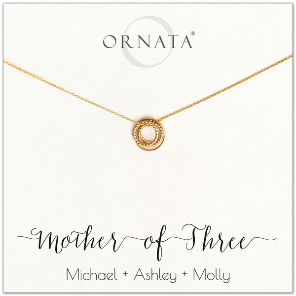 Mom or Mother of Three - personalized gold necklaces. Our 14 karat gold filled custom jewelry is a perfect gift for mothers of three children, daughters, granddaughters, grandmothers, sisters, best friends, wives, girlfriends, and family members. Also a good gift for Mother’s Day.