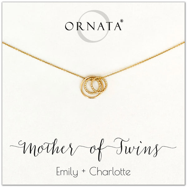 Mom or Mother of Twins - personalized gold necklaces. Our 14 karat gold filled custom jewelry is a perfect gift for mothers of twins, daughters, granddaughters, grandmothers, sisters, best friends, wives, girlfriends, and family members. Also a good gift for Mother’s Day.
