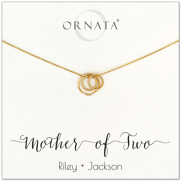 Mom or Mother of Two - personalized gold necklaces. Our 14 karat gold filled custom jewelry is a perfect gift for mothers of two children, daughters, granddaughters, grandmothers, sisters, best friends, wives, girlfriends, and family members. Also a good gift for Mother’s Day.