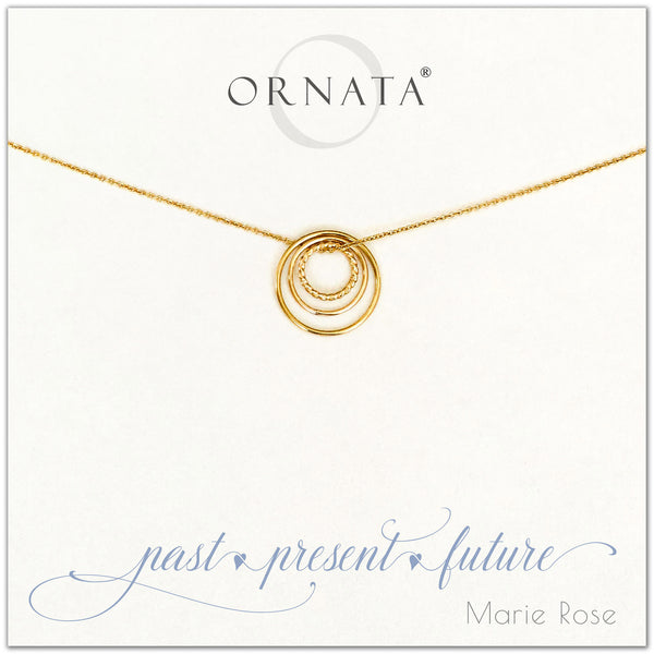 Past Present Future Three Ring - personalized gold necklaces. Our 14 karat gold filled custom jewelry is a perfect gift for mothers, daughters, granddaughters, grandmothers, sisters, best friends, wives, girlfriends, and family members. Three rings represent three generations.