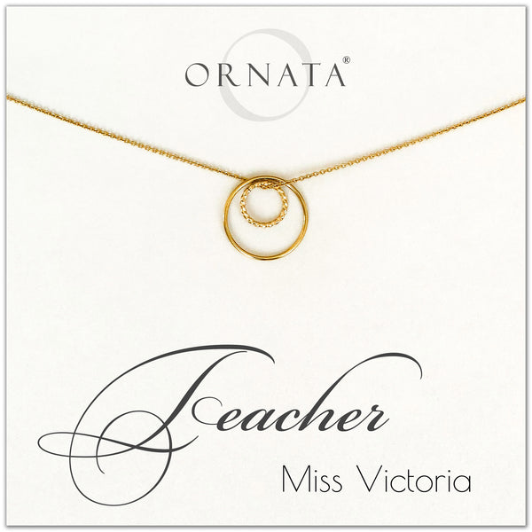 Personalized gold teacher necklaces. Our 14 karat gold filled custom jewelry is a perfect gift for teachers.