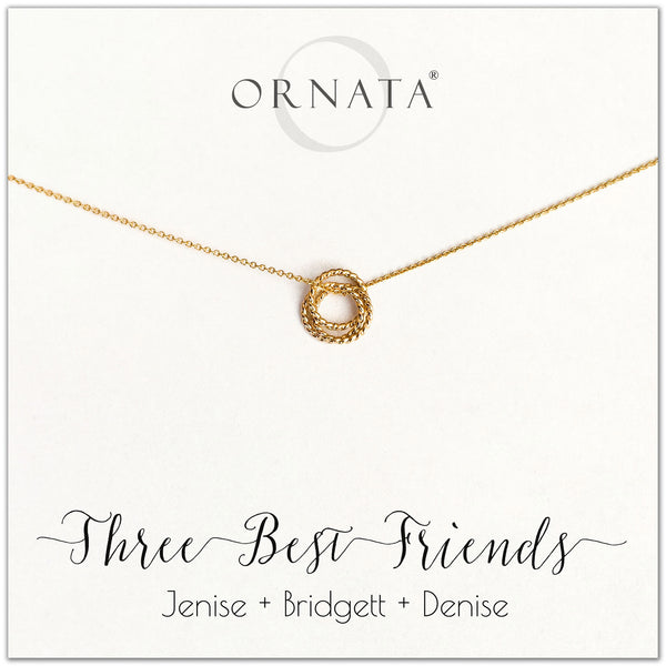Personalized gold necklaces for three best friends. Our 14 karat gold filled custom jewelry is a perfect gift for a sister or best friend.