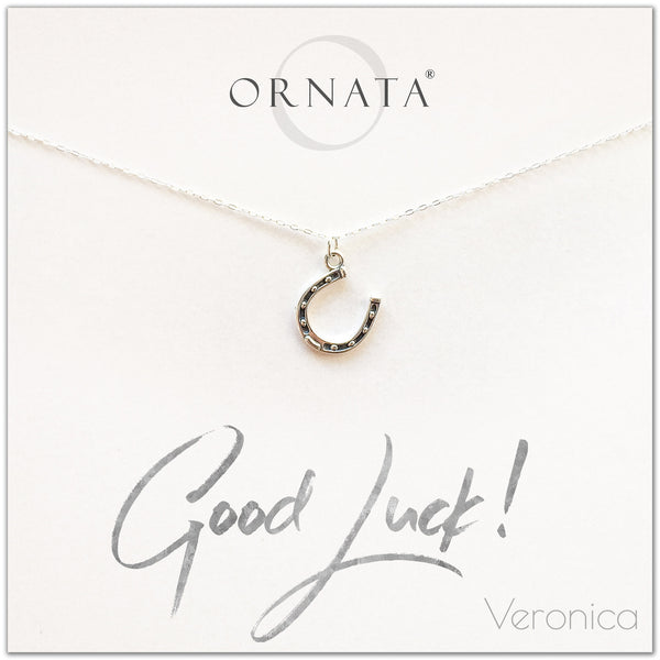Personalized good luck horseshoe necklace. Our sterling silver custom jewelry is a perfect gift for friends, sisters, mothers, or family members - symbolic necklace with horseshoe to represent luck - great horse necklace for horse lovers.