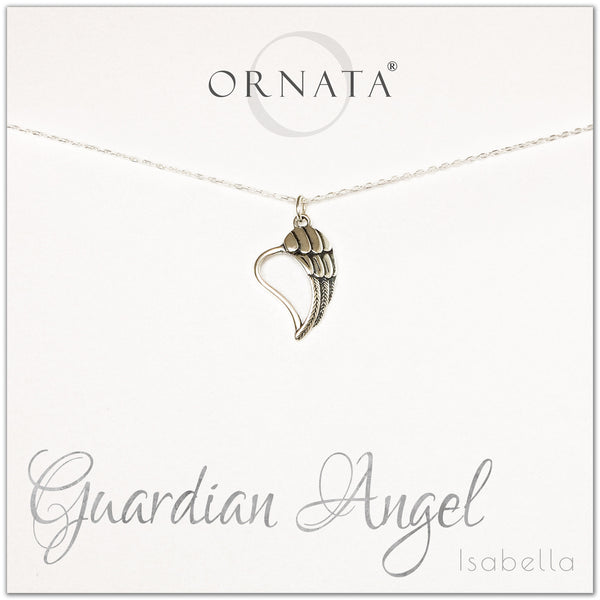 Guardian Angel necklace - personalized silver guardian angel necklace. Our sterling silver custom jewelry is a perfect gift to symbolize angels with a delicate angel charm. Good condolence gift of spiritual jewelry with an angel wing charm.