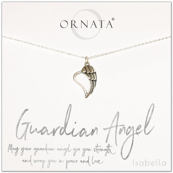 Guardian Angel necklace - personalized silver guardian angel necklace. Our sterling silver custom jewelry is a perfect gift to symbolize angels with a delicate angel charm. Good condolence gift of spiritual jewelry with an angel wing charm.