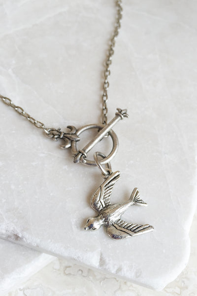 “You Can Fly” Swallow Necklace w/ Fleur-de-Lis Toggle