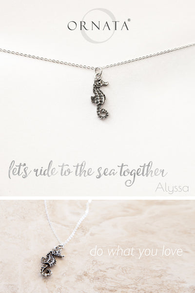 “Let’s Ride to the Sea Together” Seahorse Sterling Silver and Silver Plated Necklace